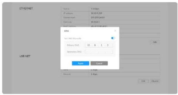 ETHERNET Network: 1.0 GHz Networks: 10.10.229 System mask: 252.255.343.0 Subnets: 10.106.1 USB NET: 0.0728 (RGB) DNS Net DNS Manual: Primary DNS 10 0 1 3 Secondary DNS Apple Cancel USB NET 10 Mbps Reset: 1 Max OK Cancel