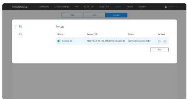 RACOBELL Outbound Color Settings FTP ACAT/TR ACAT/SS Sapi F60 Snap TX Private TX Name Server URL Status Actions TCP: 03 http://10.40.192.158.8005/Forward_03 Connected successfully Add
