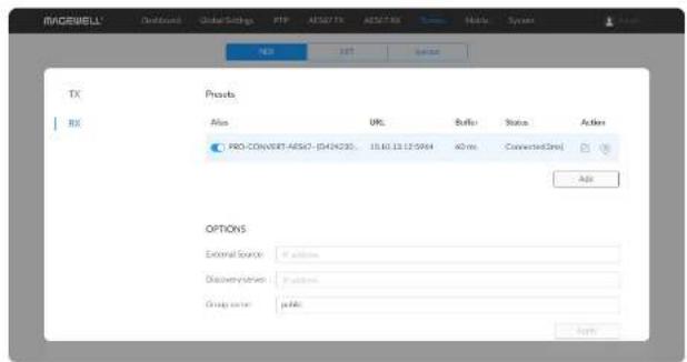 IMACEWELL Outdoors Global Settings FTP AS37/TSX AS27/TSX Tools Modify System Add Add Reset TX Product RX Also URL Button Status Actions PRO-CONVERT-AES47- (642423) 15.10.13.12:5964 40 ms ConvertedDirect Add OPTIONS External Source: Positive Discovery Series: Positive Group source: Public Help