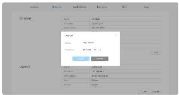 General Network Control Hub Formware User Loop ETHENET Status 13 GHz IP address 10 059.229 Send address 205 256 2801 USB NET Status High Speed IP address 192.168 AA 1 Ready Cancel USB NET Status High Speed IP address 192.168 AA MAC address On-407.1x100% No Speed 0 Max Description 0 Max OK Cancel