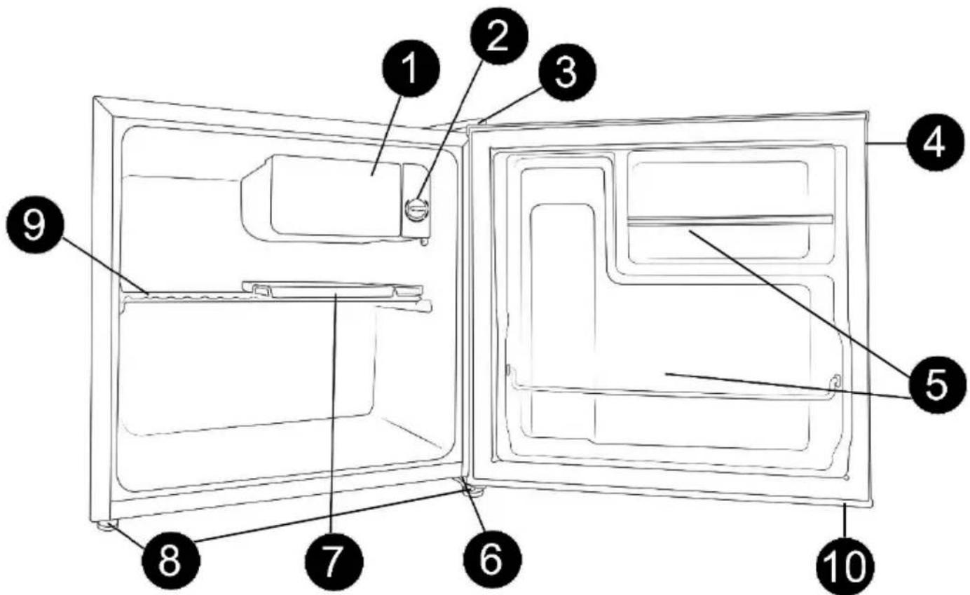 Labeled diagram of a refrigerator interior showing numbered components for identification
