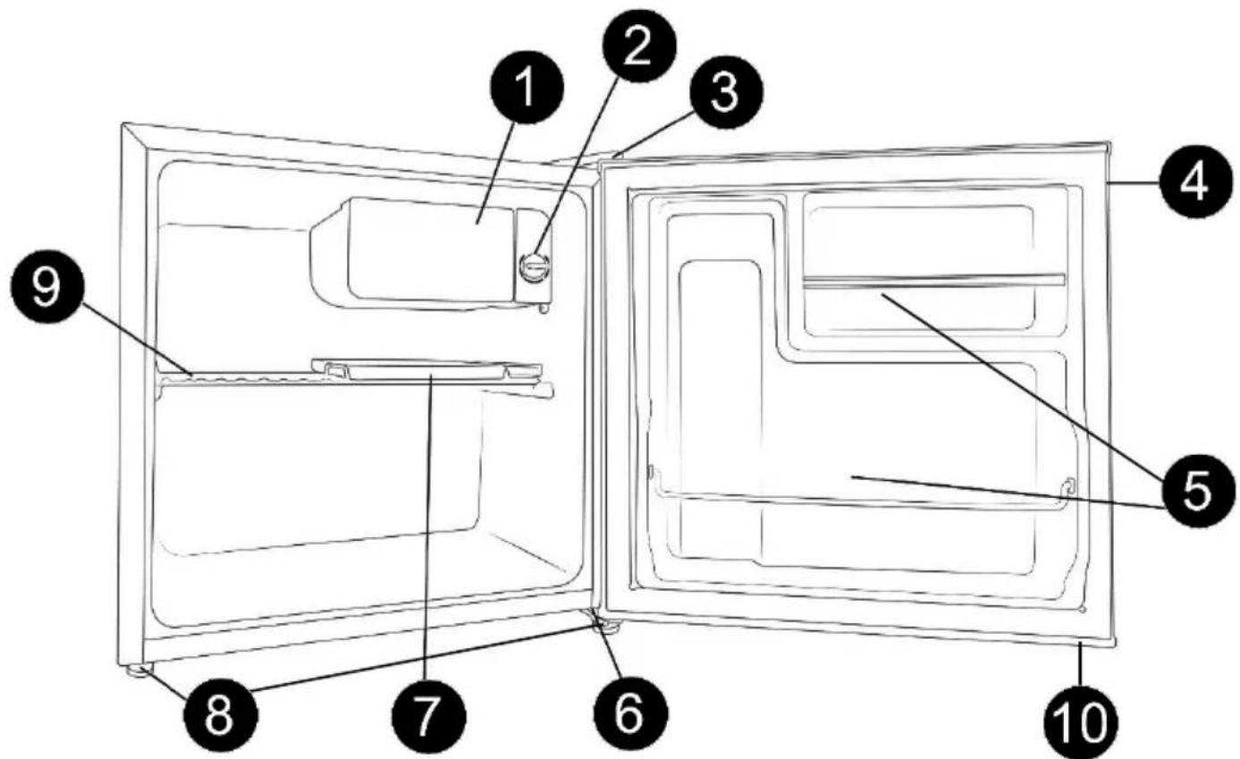 Labeled diagram of a refrigerator interior showing numbered components for identification