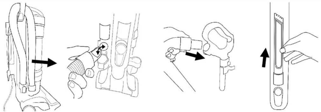 Technical diagram showing four steps of a hand operating a vacuum cleaner, with arrows indicating direction and component placement.