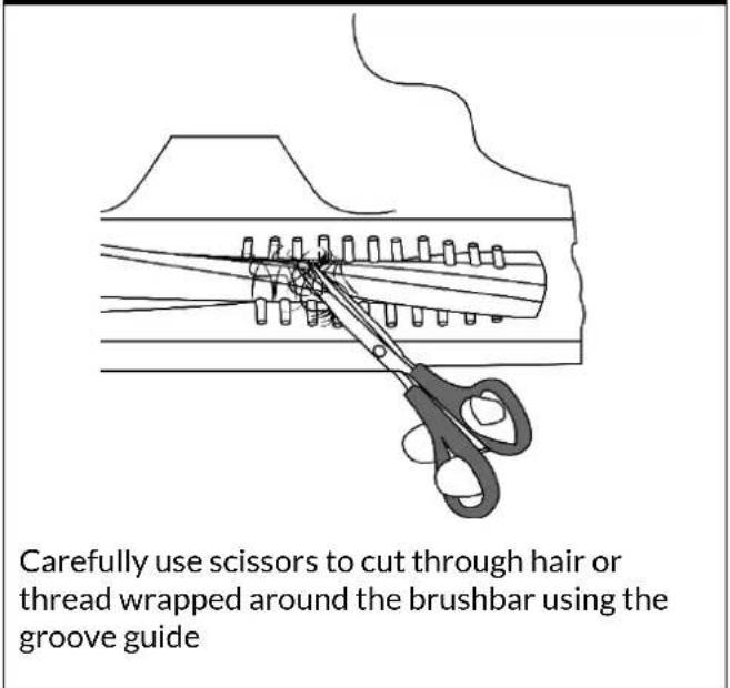 Carefully use scissors to cut through hair or thread wrapped around the brushbar using the groove guide
