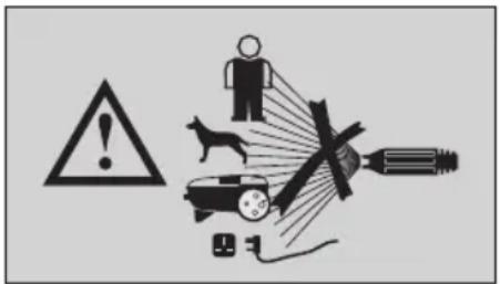 Warning symbol and hazard warning illustration showing a person, dog, light bulb, and warning symbols