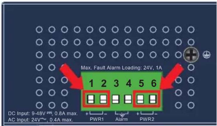 Max. Fault Alarm Loading: 24V, 1A 1 2 3 4 5 6 DC Input: 9-48V ~, 0.8A max. AC Input: 24V~, 0.4A max. PWR1 Alarm PWR2
