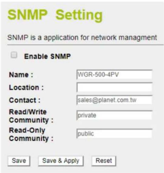 SNMP Setting SNMP is a application for network management Enable SNMP Name : WGR-500-4PV Location : Contact : sales@planet.com.tw Read/Write private Community : Read-Only public Community : Save Save & Apply Reset