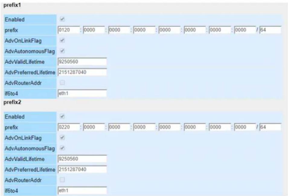 prefix1 Enabled ✓ prefix 0120 : 0000 : 0000 : 0000 : 0000 : 0000 : 0000 : 0000 / 64 AdvOnLinkFlag ✓ AdvAutonomousFlag ✓ AdvValidLifetime 9250560 AdvPreferredLifetime 2151287040 AdvRouterAddr □ if6to4 eth1 prefix2 Enabled ✓ prefix 0220 : 0000 : 0000 : 0000 : 0000 : 0000 : 0000 / 64 AdvOnLinkFlag ✓ AdvAutonomousFlag ✓ AdvValidLifetime 9250560 AdvPreferredLifetime 2151287040 AdvRouterAddr □ if6to4 eth1