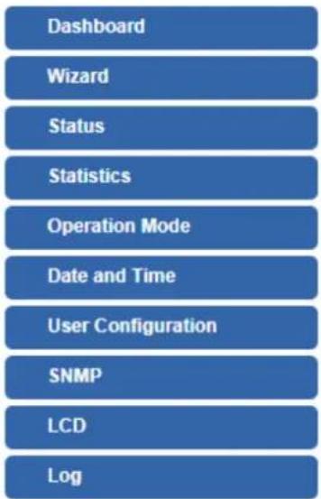 Dashboard Wizard Status Statistics Operation Mode Date and Time User Configuration SNMP LCD Log
