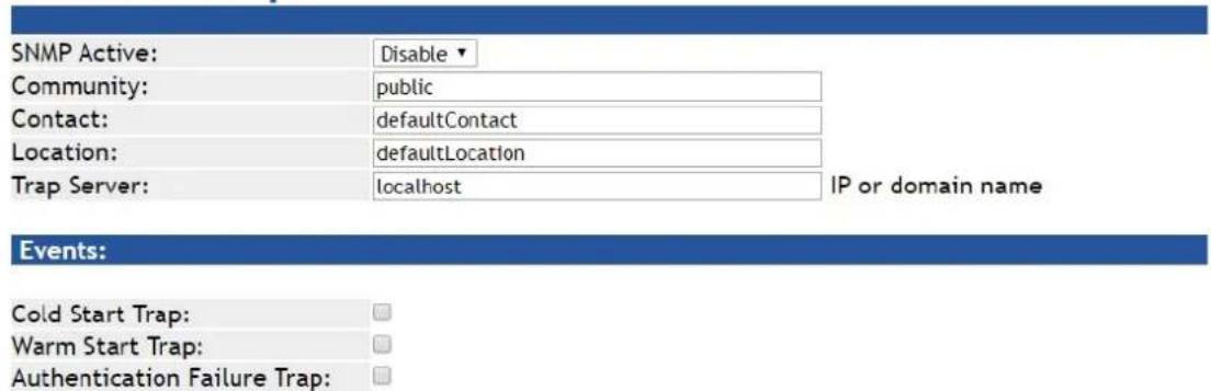 SNMP Active: Disable ▼ Community: public Contact: defaultContact Location: defaultLocation Trap Server: localhost IP or domain name Events: Cold Start Trap: Warm Start Trap: Authentication Failure Trap: