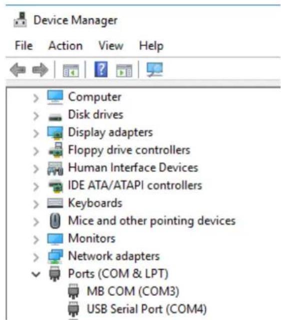Device Manager File Action View Help > Computer > Disk drives > Display adapters > Floppy drive controllers > Human Interface Devices > IDE ATA/ATAPI controllers > Keyboards > Mice and other pointing devices > Monitors > Network adapters ✓ Ports (COM & LPT) MB COM (COM3) USB Serial Port (COM4)