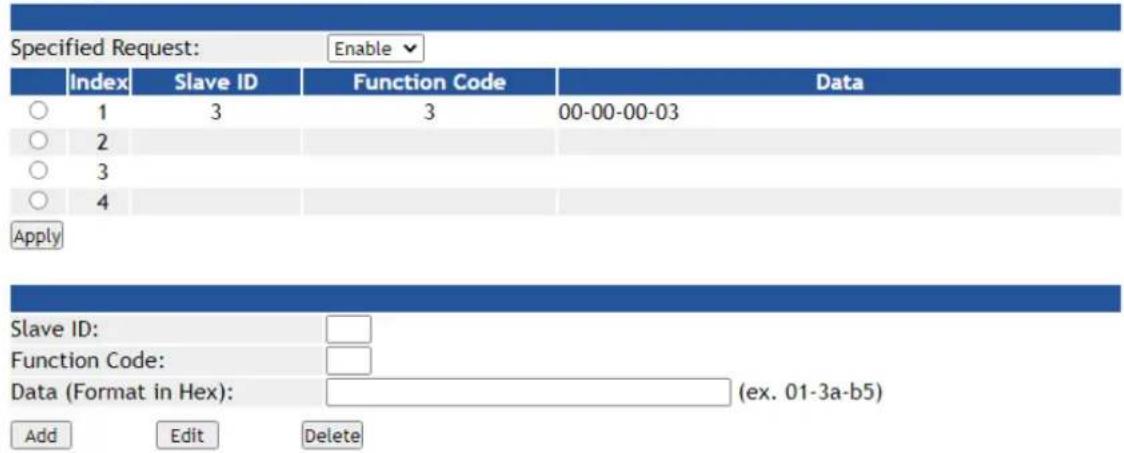 Specified Request: Enable Index Slave ID Function Code Data ○ 1 3 3 00-00-00-03 ○ 2 ○ 3 ○ 4 Apply Slave ID: Function Code: Data (Format in Hex): (ex. 01-3a-b5) Add Edit Delete
