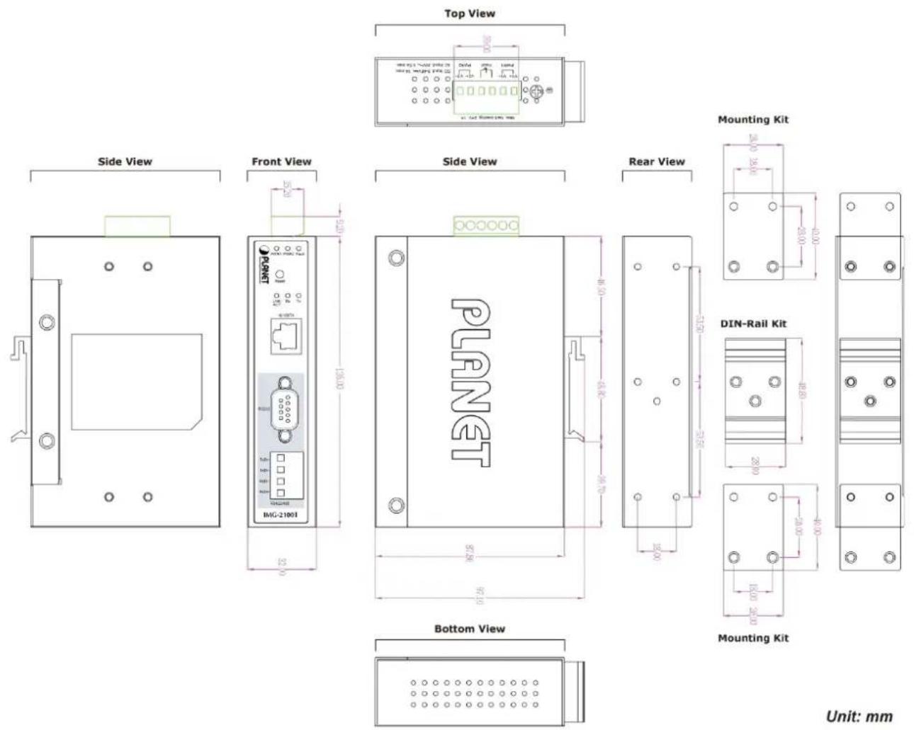 Top View Side View Front View Side View Rear View Mounting Kit PLNET DIN-Rail Kit Bottom View Unit: mm