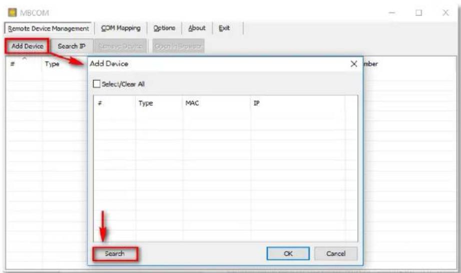 MBCOM Remote Device Management COM Mapping Options About Exit Add Device Search IP Remove Device Go to in Browser Type Add Device Select/Clear All # Type MAC IP Search OK Cancel