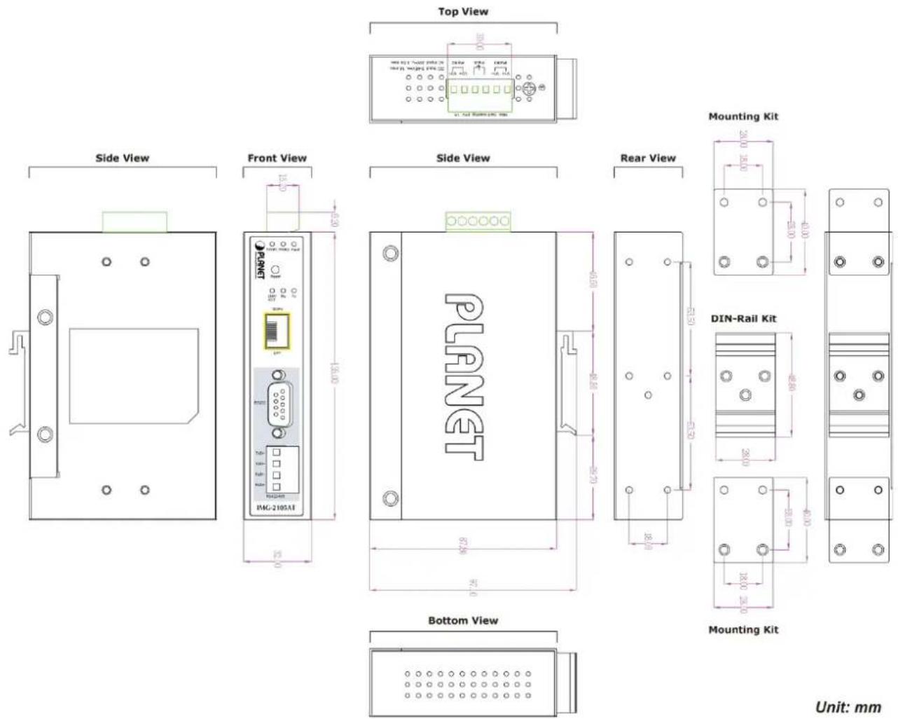 Top View Side View Front View Side View Rear View Mounting Kit PLNET DIN-Rail Kit Bottom View Unit: mm