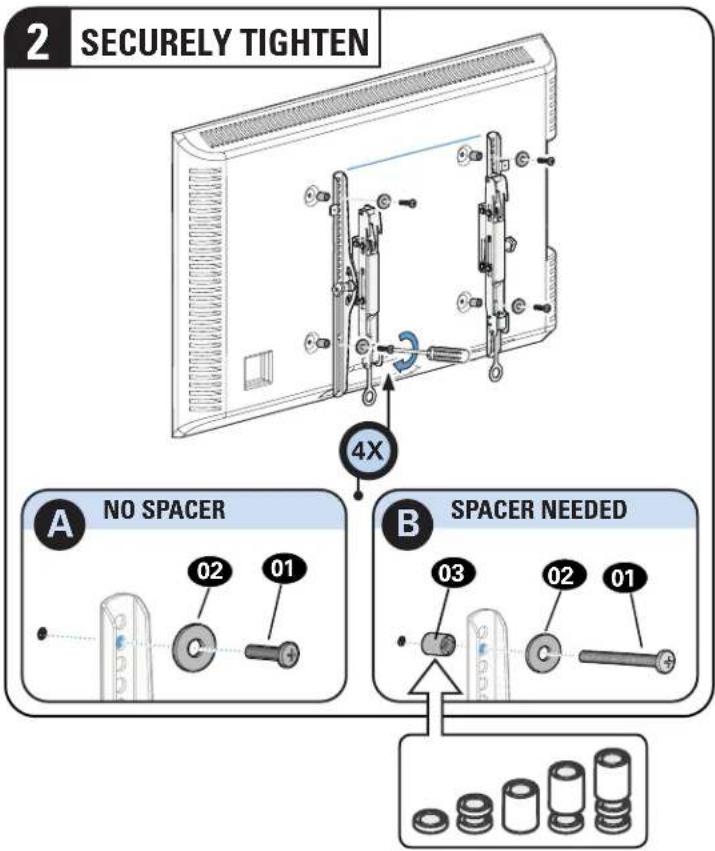 2 SECURELY TIGHTEN 4X A NO SPACER B SPACER NEEDED 02 01 03 02 01