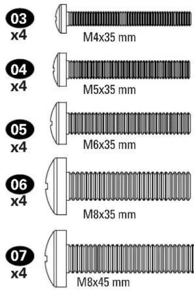 03 x4 M4x35 mm 04 x4 M5x35 mm 05 x4 M6x35 mm 06 x4 M8x35 mm 07 x4 M8x45 mm