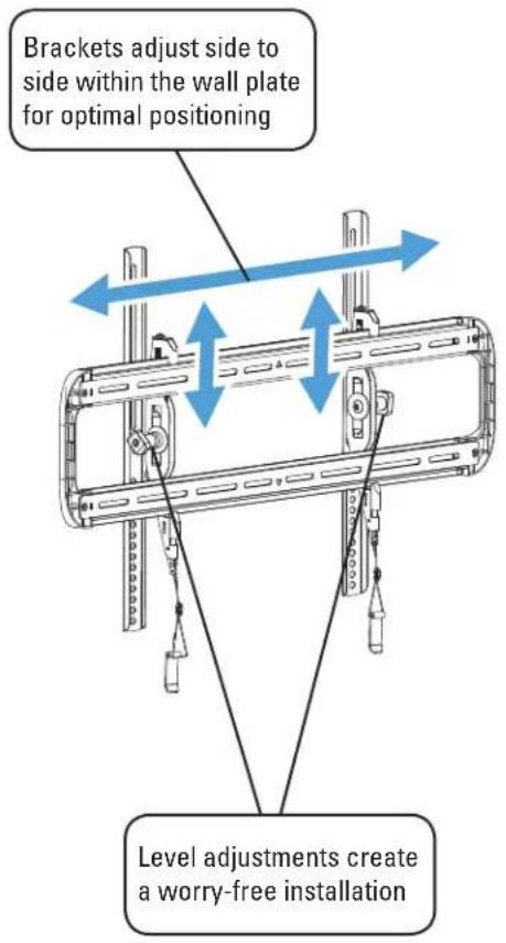 Brackets adjust side to side within the wall plate for optimal positioning Level adjustments create a worry-free installation