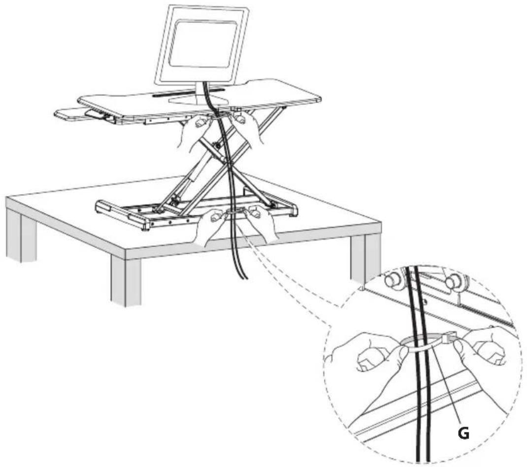 Technical diagram showing a laptop setup with a chair, connected to a cable and a magnified view of the cable being held by hands.