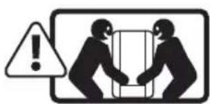 Warning symbol with exclamation mark and two figures holding a box, indicating caution or hazard
