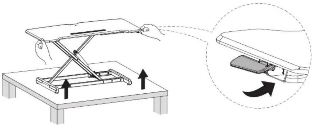Diagram illustrating a folding or lifting process on a table, with an inset showing the same step and directional arrows.