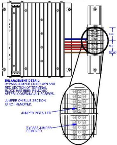 ENLARGEMENT DETAIL: BYPASS JUMPER ON BROWN AND RED SECTION OF TERMINAL BLOCK HAS BEEN REMOVED AFTER LOOSENING ALL SCREWS. JUMPER ON BLUE SECTION IS NOT REMOVED. JUMPER INSTALLED BYPASS JUMPER REMOVED