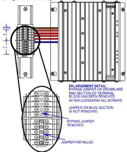 ENLARGEMENT DETAIL: BYPASS JUMPER ON BROWN AND RED SECTION OF TERMINAL BLOCK HAS BEEN REMOVED AFTER LOOSENING ALL SCREWS. JUMPER ON BLUE SECTION IS NOT REMOVED. BYPASS JUMPER REMOVED JUMPER INSTALLED