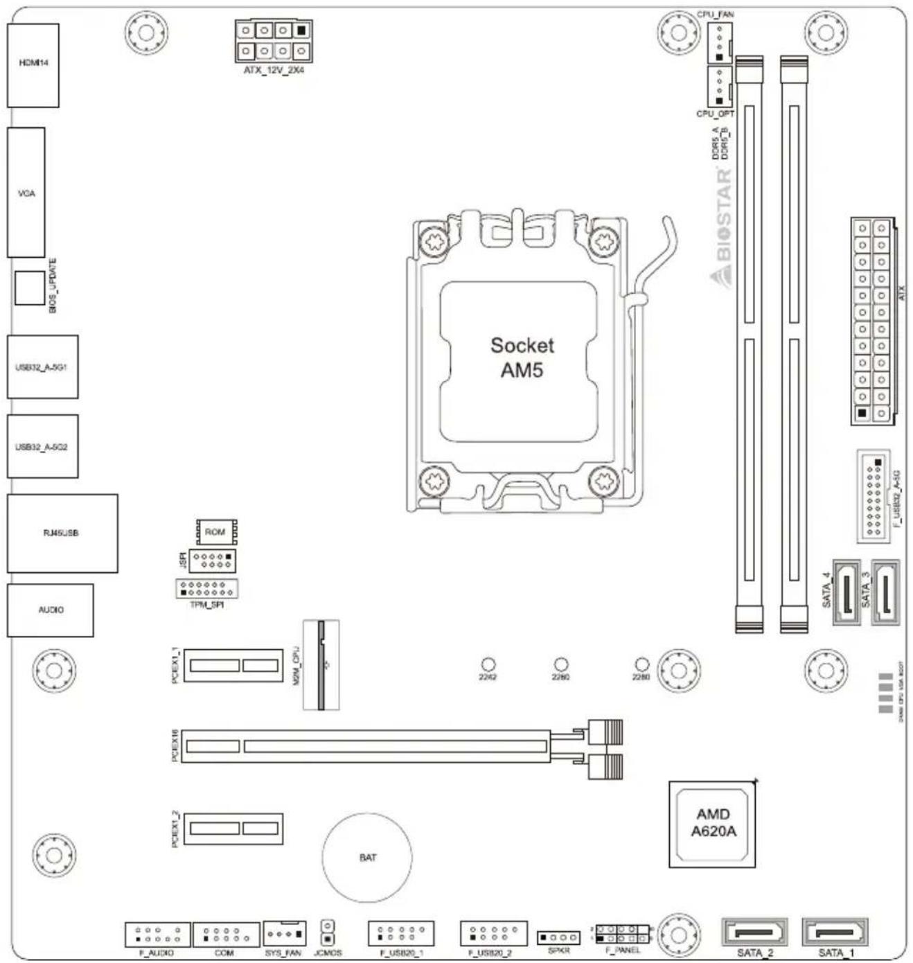 HDM14 VCA BIOS_UPDATE USB32_A-5G1 USB32_A-5G2 RJ45USB AUDIO ATX_12V_2X4 Socket AM5 CPU_FAN CPU_OPT DDR5_A DDR5_B BIOSTAR SATA 4 SATA 3 SATA 2 SATA 1 PCEX1.1 PCEX1.2 PCEX1.3 PCEX1.4 PCEX1.5 PCEX1.6 PCEX1.7 PCEX1.8 PCEX1.9 PCEX2.0 PCEX2.1 PCEX2.2 PCEX2.3 PCEX2.4 PCEX2.5 PCEX2.6 PCEX2.7 PCEX2.8 PCEX2.9 PCEX3.0 PCEX3.1 PCEX3.2 PCEX3.3 PCEX3.4 PCEX3.5 PCEX3.6 PCEX3.7 PCEX3.8 PCEX3.9 PCEX4.0 PCEX4.1 PCEX4.2 PCEX4.3 PCEX4.4 PCEX4.5 PCEX4.6 PCEX4.7 PCEX4.8 PCEX4.9 PCEX5.0 PCEX5.1 PCEX5.2 PCEX5.3 PCEX5.4 PCEX5.5 PCEX5.6 PCEX5.7 PCEX5.8 PCEX5.9 PCEX6.0 PCEX6.1 PCEX6.2 PCEX6.3 PCEX6.4 PCEX6.5 PCEX6.6 PCEX6.7 PCEX6.8 PCEX6.9 PCEX7.0 PCEX7.1 PCEX7.2 PCEX7.3 PCEX7.4 PCEX7.5 PCEX7.6 PCEX7.7 PCEX7.8 PCEX7.9 PCEX8.0 PCEX8.1 PCEX8.2 PCEX8.3 PCEX8.4 PCEX8.5 PCEX8.6 PCEX8.7 PCEX8.8 PCEX8.9 PCEX9.0