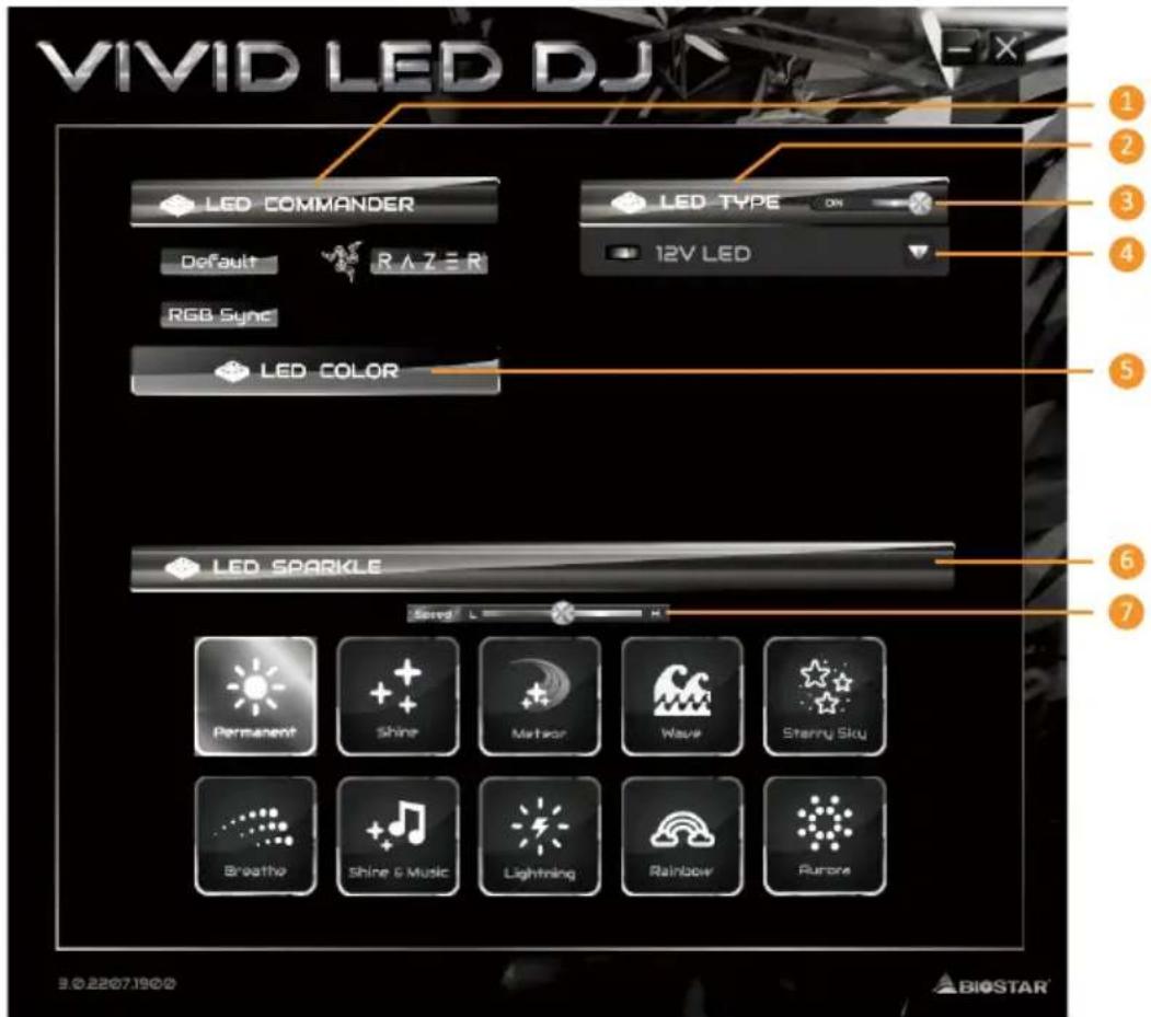 VIVID LED DJ LED COMMANDER Default RAZER RGB Sync LED COLOR LED SPARKLE 1 2 3 4 5 6 7 3.0.2207.1900 LED TYPE ON 12V LED Permanent Shine Methor Wave Starry Sky Breathe Shine & Music Lightning Rainbow Runbox