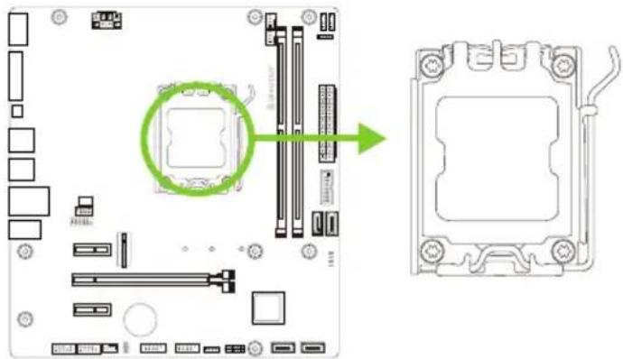 Diagram showing computer motherboard components with a highlighted CPU socket and directional arrow indicating assembly or operation.
