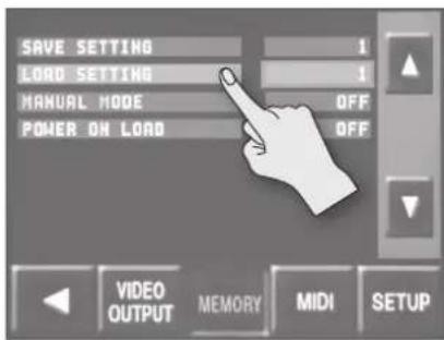 SAVE SETTING LOAD SETTING MANUAL MODE POWER ON LOAD I OFF OFF VIDEO OUTPUT MEMORY MIDI SETUP