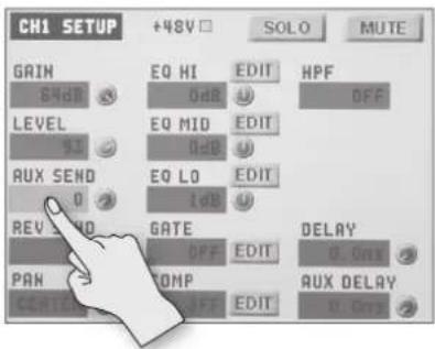 CH1 SETUP +48V SOLO MUTE GRIN EQ HI EDIT HPF 84dB 0dB OFF LEVEL EQ MID EDIT 9.3 0dB AUX SEND EQ LO EDIT 0 1dB REV END GATE DELAY PAN OFF EDIT R. ONY CONTROL CMP EDIT AUX DELAY R. ONY