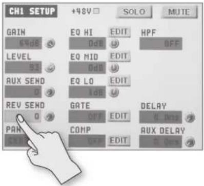 CHI SETUP +48V SOLO MUTE GAIN EQ HI EDIT HPF 64dB 0dB OFF LEVEL EQ MID EDIT 53 0dB AUX SEND EQ LO EDIT 0 1dB REV SEND GATE DELAY 0 OFF EDIT 0 MHz PAR COMP AUX DELAY 0 dB EDIT 0 MHz