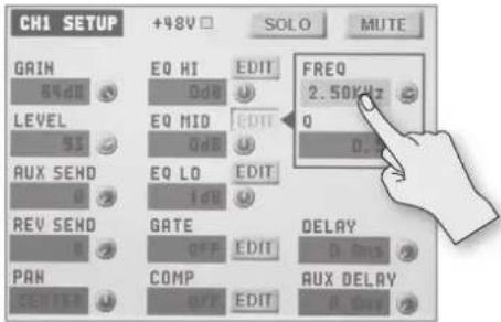 CHI SETUP +48V SOLO MUTE GAIN EQ HI EDIT FREQ 84 dB 0 dB 2.50kHz LEVEL EQ MID EDIT 0 93 0 dB 0.1 AUX SEND EQ LO EDIT 0 1 dB REV SEND GATE DELAY 0 OFF EDIT 0.00Hz PAN COMP AUX DELAY 0 OFF EDIT 0.00Hz