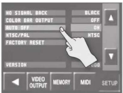 HO SIGNAL BACK COLOR BAR OUTPUT AUTO OFF NTSC/PAL FACTORY RESET VERSION VIDEO OUTPUT MEMORY MIDI SETUP BLACK OFF OH NTSC