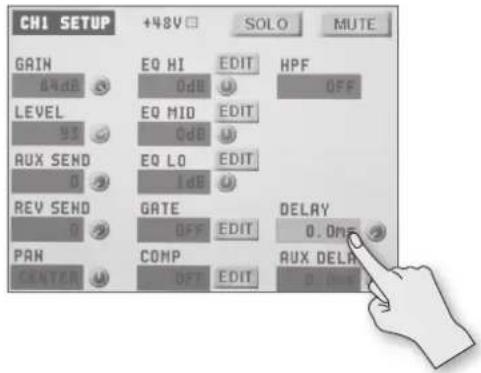 CHI SETUP +48V SOLO MUTE GAIN EQ HI EDIT HPF 64dB 0dB OFF LEVEL EQ MID EDIT 95 0dB AUX SEND EQ LO EDIT 0 1dB REV SEND GATE DELAY 0 OFF EDIT 0.0ms PAN COMP AUX DELA CENTER OFF EDIT 0.0ms