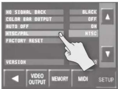 NO SIGNAL BACK COLOR BAR OUTPUT AUTO OFF HTSC/PAL FACTORY RESET VERSION VIDEO OUTPUT MEMORY MIDI SETUP BLACK OFF ON HTSC