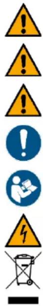 Warning symbols including warning signs, warning circles, and a trash can with a person using a device