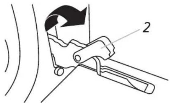Technical diagram showing a mechanical clamp or tool with labeled component '2' and directional arrow indicating motion.