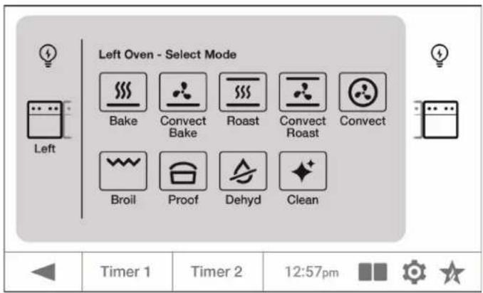 Left Oven - Select Mode Bake Convect Bake Roast Convect Roast Convect Broil Proof Dehyd Clean Timer 1 Timer 2 12:57pm