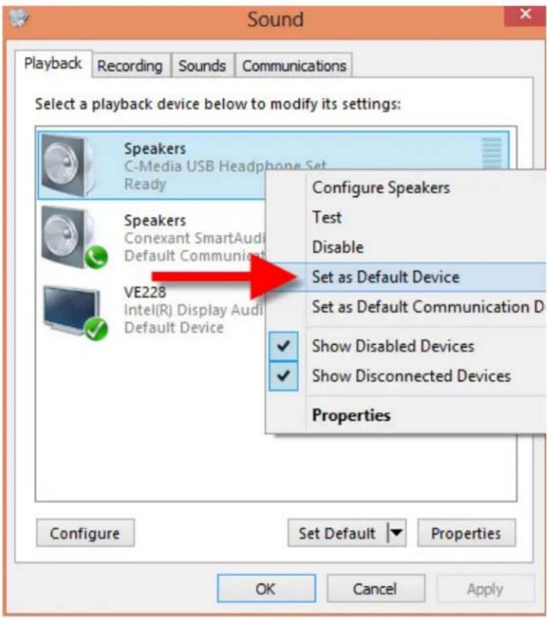 Sound Playback Recording Sounds Communications Select a playback device below to modify its settings: Speakers C-Media USB Headphone Set Ready Configure Speakers Test Disable Speakers Conexant SmartAudio Default Communication Set as Default Device VE228 Intel(R) Display Audi Default Device Set as Default Communication D ✓ Show Disabled Devices ✓ Show Disconnected Devices Properties Configure Set Default Properties OK Cancel Apply