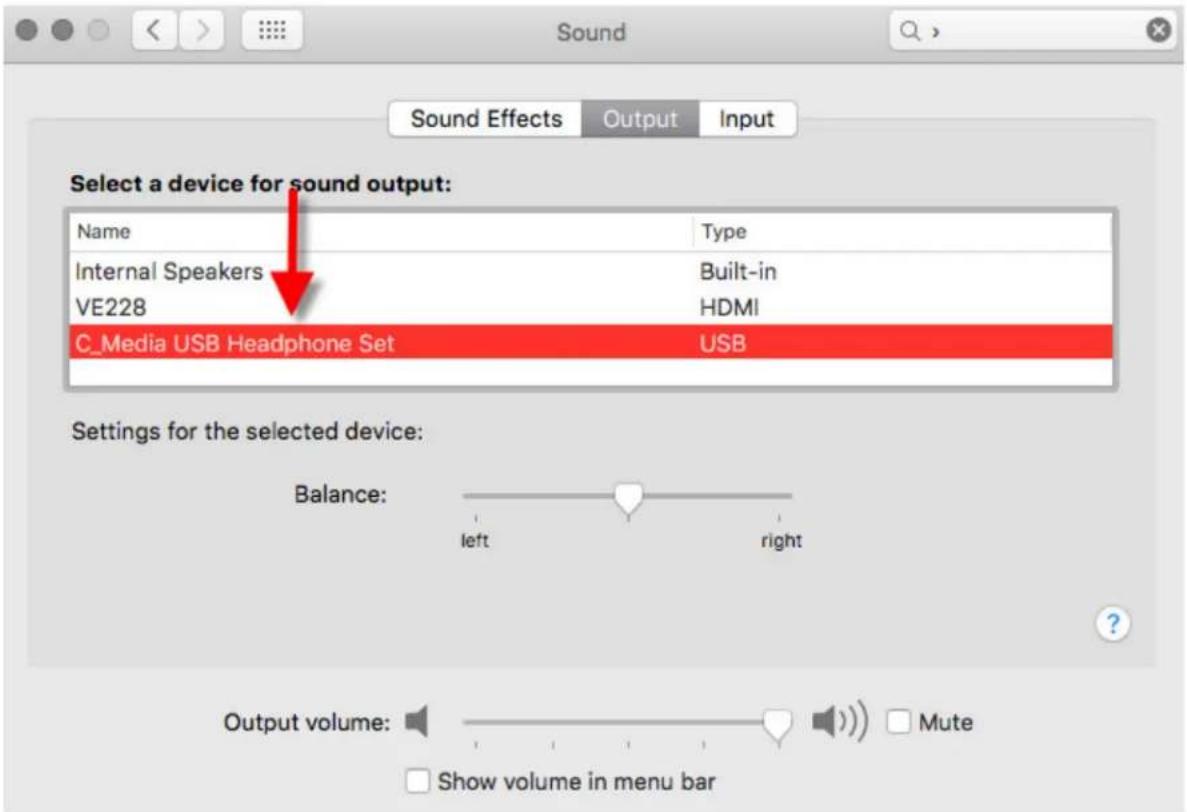 Sound Sound Effects Output.Input Select a device for sound output: Name Way Internal Speakers Built-in VE228 HDMI C_Media USB Headphone Set USB Settings for the selected device: Balance: left right Output volume: Mute Show volume in menu bar