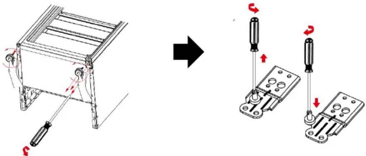 Technical diagram showing a mechanical assembly before and after adjustment, with labeled parts and directional arrows indicating motion.