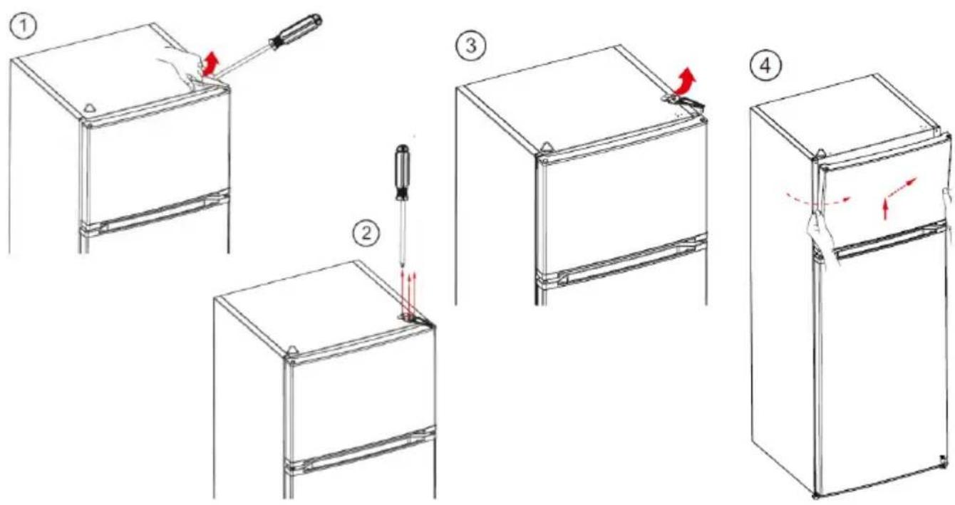 Diagram showing four steps of a refrigerator interior with tool application and directional arrows indicating movement.