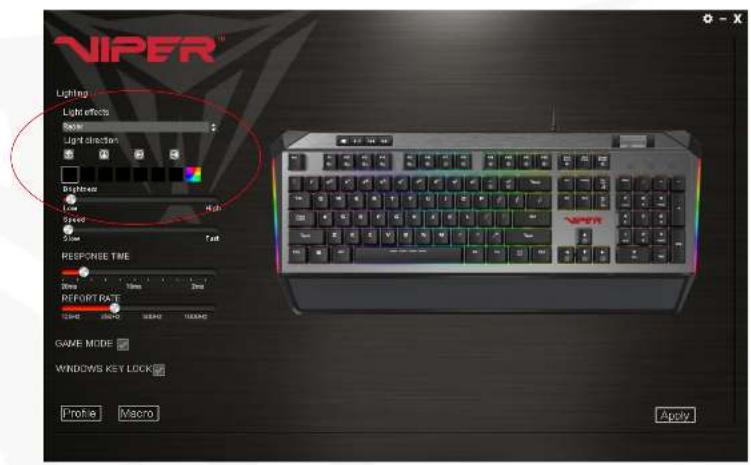 NIPER Lighting Light effects Show Light direction Brightness Noise High Speed Speed Fast RESPONSE TIME Response Time REFORT RATE GAVE MODE WINDOWS KEY LOCK Profile Macro Apply