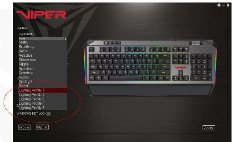 VIPER Lighting Light Effects Radar Static Breathing Wave Reactive Sidewinder Ripple Spectrum Raindrop Vortex Spotlight Radar Lighting Profile 1 Lighting Profile 2 Lighting Profile 3 Lighting Profile 4 Lighting Profile 5 WINDOWS KEY LOCK Profile Macro Apply