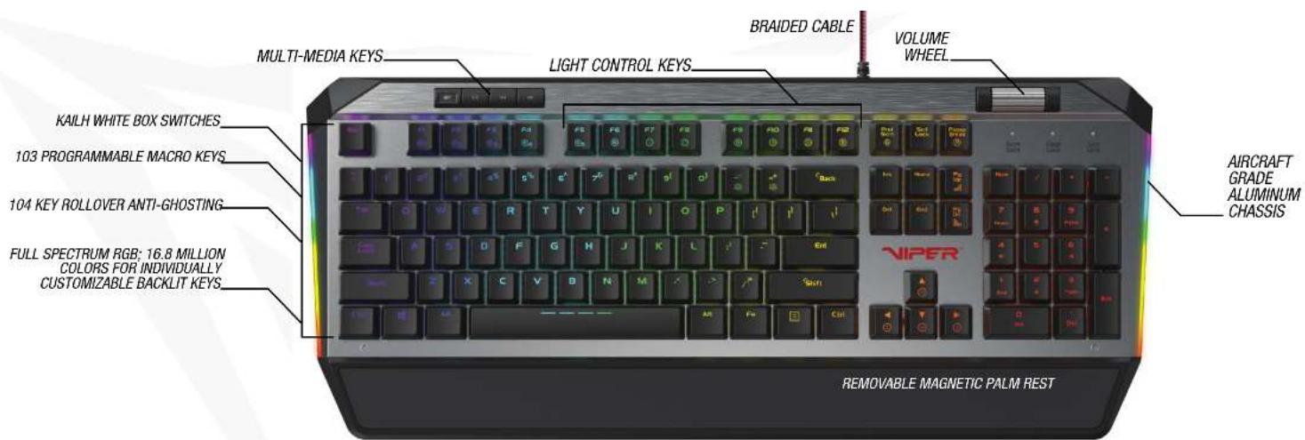 MULTI-MEDIA KEYS LIGHT CONTROL KEYS BRAIDED CABLE VOLUME WHEEL KAILH WHITE BOX SWITCHES 103 PROGRAMMABLE MACRO KEYS 104 KEY ROLLOVER ANTI-GHOSTING FULL SPECTRUM RGB: 16.8 MILLION COLORS FOR INDIVIDUALLY CUSTOMizable BACKLIT KEYS VIPER AIRCRAFT GRADE ALUMINUM CHASSIS REMOVABLE MAGNETIC PALM REST