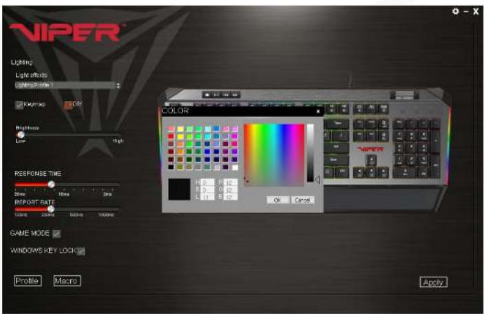 VIPER Lighting Light effects Light Profile 1 Keypersk STOP Brightness Low High RESPONSE TIME 30ms 40ms 50ms 60ms 70ms 80ms 90ms 100ms REPORT RATE TAPES 250Hz 50GHz 100MHz COLOR OK Cancel GAME MODE WINDOWS KEY LOCK Profile Macro Apply