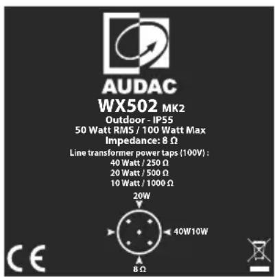 AUDAC WX502 MK2 Outdoor - IP55 50 Watt RMS / 100 Watt Max Impedance: 8 Ω Line transformer power taps (100V) : 40 Watt / 250 Ω 20 Watt / 500 Ω 10 Watt / 1000 Ω 20W 40W10W 8 Ω CE