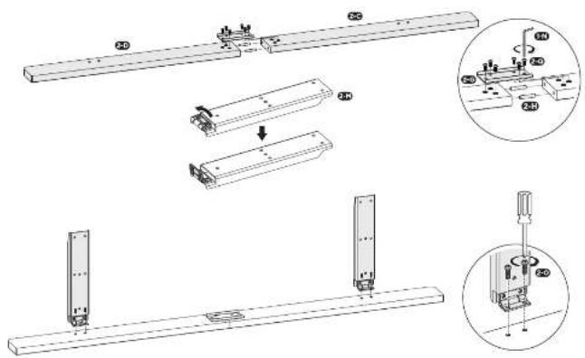 Technical diagram showing assembly steps of a mechanical component with labeled parts and magnified views
